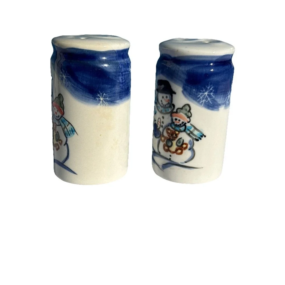 Stoneware SNOWMAN Blue White Salt & Pepper Shakers‎